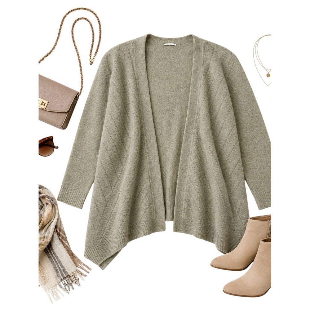 Lou & Grey Gray Green Wool Blend Open Front Cardigan Drape Hem Sweater Medium